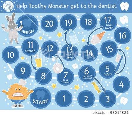 Dental adventure board game for children with cute characters. Educational tooth medicine boardgame. Teeth care activity. Mouth hygiene learning worksheet. Help toothy monster get to the dentist. Dental adventure board game for children with cute characters. Educational tooth medicine boardgame. Teeth care activity. Mouth hygiene learning worksheet. Help toothy monster get to the dentist. 98014321