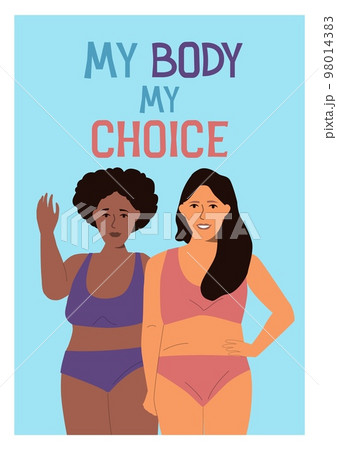 Feminist poster. International Women s Day of feminism and female solidarity. Social movement. Equal rights. Cartoon banners with independent girls. Body positive. Vector greeting card 98014383