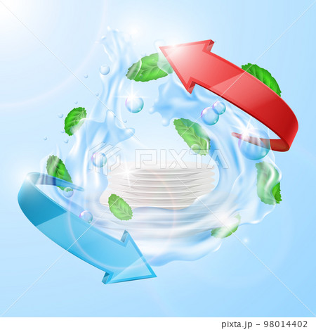 Clean utensil. Washing plates. Pile dishes in water. Kitchen food service. Splashes and leaves. Restaurant dinner. Dishwasher foam bubbles and arrows. Dinner dishware. Vector 3D mockup 98014402