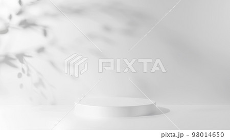 高級感のある白い背景に白い円柱の台座。木の葉の影。製品、化粧品用の台座。（横長） 98014650