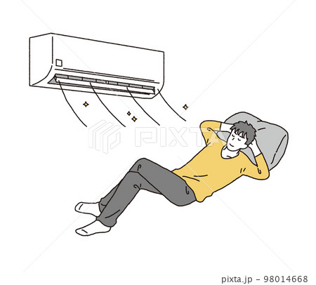 シンプルなタッチ エアコンで快適に過ごす男性のイラストレーション シンプルなタッチ エアコンで快適に過ごす男性のイラストレーション 98014668