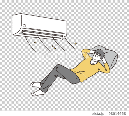 シンプルなタッチ エアコンで快適に過ごす男性のイラストレーション シンプルなタッチ エアコンで快適に過ごす男性のイラストレーション 98014668