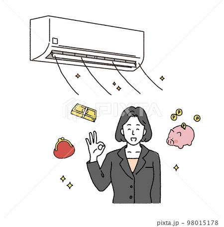シンプルなタッチ エアコンで節電に成功する女性のイラストレーション シンプルなタッチ エアコンで節電に成功する女性のイラストレーション 98015178