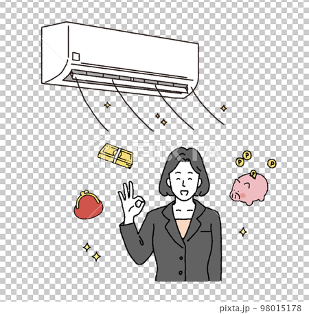 一個簡單的觸摸插圖一個女人用空調成功節省電力 一個簡單的觸摸插圖一個女人用空調成功節省電力 98015178