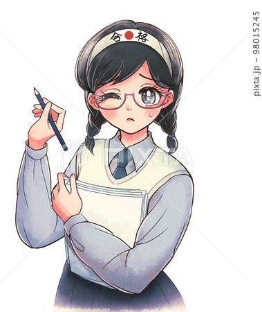 鉢巻きをして猛勉強する受験生・レトロ少女漫画風 98015245
