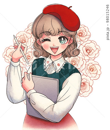 タブレットとペンシルで絵を描く美少女デジタルアーティスト 98015246