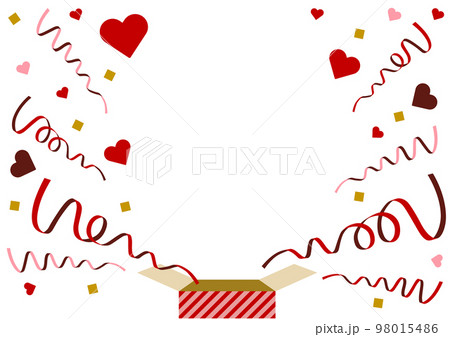 プレゼント箱から飛び出すリボンとハートのイラストフレーム　バレンタインデー　余白あり 98015486