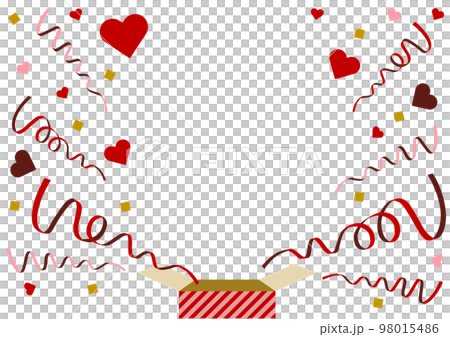 プレゼント箱から飛び出すリボンとハートのイラストフレーム　バレンタインデー　余白あり 98015486