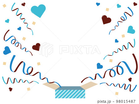 プレゼント箱から飛び出すリボンとハートのイラストフレーム　ホワイトデー　余白あり 98015487