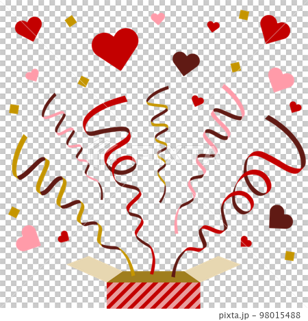 プレゼント箱から飛び出すリボンとハートのイラストカット　バレンタインデー 98015488