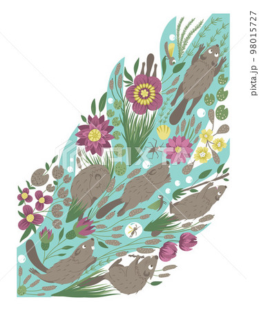 Vector ornate background with cute woodland animals, leaves, flowers, insects. Funny forest scene with beavers. Bright flat vertical illustration for children. Picture book, hide and seek activity Vector ornate background with cute woodland animals, leaves, flowers, insects. Funny forest scene with beavers. Bright flat vertical illustration for children. Picture book, hide and seek activity 98015727
