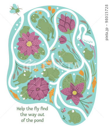 Maze for children. Preschool activity with insect, water, reeds, frogs. Puzzle game with animals. Cute funny smiling characters. Help the fly go through the pond Maze for children. Preschool activity with insect, water, reeds, frogs. Puzzle game with animals. Cute funny smiling characters. Help the fly go through the pond 98015728