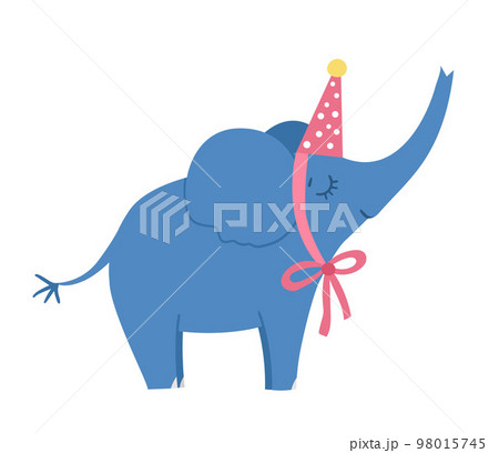 Vector cute elephant in birthday hat. Funny b-day animal for card, poster, print design. Bright holiday illustration for kids. Cheerful celebration character icon isolated on white background. 98015745