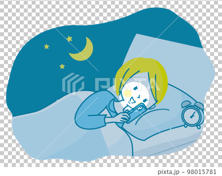 夜ベッドの中でスマホを見る女性のイラスト 98015781