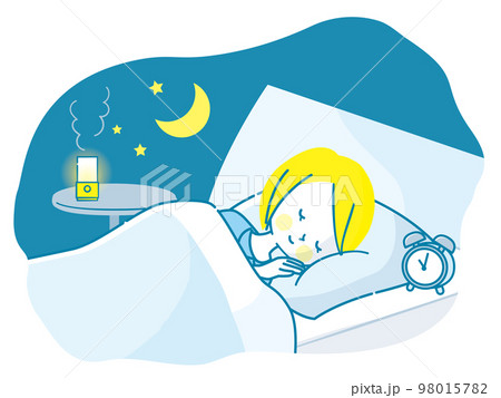 ベットでぐっすり眠る女性のイラスト素材 ベットでぐっすり眠る女性のイラスト素材 98015782