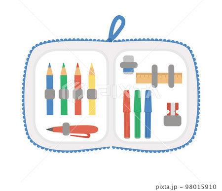 Vector opened pencil case with stationery. Back to school educational clipart. Cute flat style supplies and writing materials. Box with colored pencils, felt pens, pen, sharpener, ruler. Vector opened pencil case with stationery. Back to school educational clipart. Cute flat style supplies and writing materials. Box with colored pencils, felt pens, pen, sharpener, ruler. 98015910