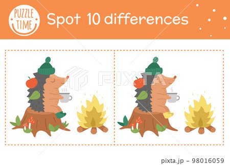 Autumn find differences game for children. Fall season educational activity with hedgehog sitting in a stump near the fire. Printable worksheet with funny smiling animal. Cute forest scene 98016059