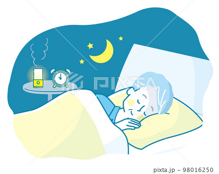 猫と一緒にベットでぐっすり眠るシニア男性のイラスト素材 98016250