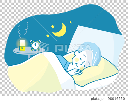猫と一緒にベットでぐっすり眠るシニア男性のイラスト素材 98016250