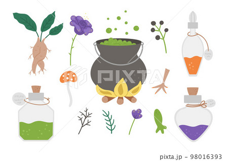 Set of cute vector witchcraft elements. Magic potion making objects. Halloween icons collection. Funny autumn all saints eve illustration with cauldron, herbs, bottles. Samhain party design for kids. 98016393