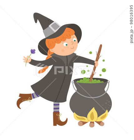 Cute vector witch. Halloween character icon. Funny autumn all saints eve illustration with girl preparing green potion in cauldron. Samhain party sign design for kids. 98016395