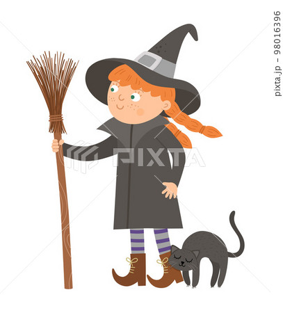 Cute vector witch. Halloween character icon. Funny autumn all saints eve illustration with standing girl, broomstick and cuddling black cat. Samhain party sign design for kids. Cute vector witch. Halloween character icon. Funny autumn all saints eve illustration with standing girl, broomstick and cuddling black cat. Samhain party sign design for kids. 98016396