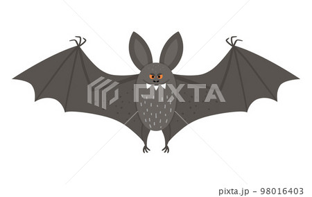 Cute vector bat with spread wings. Halloween character icon. Funny autumn all saints eve illustration with flying black animal. Samhain party sign design for kids. Cute vector bat with spread wings. Halloween character icon. Funny autumn all saints eve illustration with flying black animal. Samhain party sign design for kids. 98016403