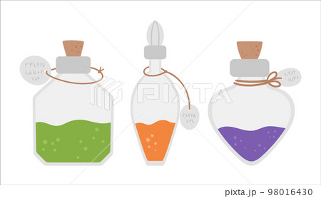 Vector bottles with magic potion. Set of cute witchcraft elements. Halloween icons collection. Autumn all saints eve illustration with witch objects. Samhain party design for kids. 98016430