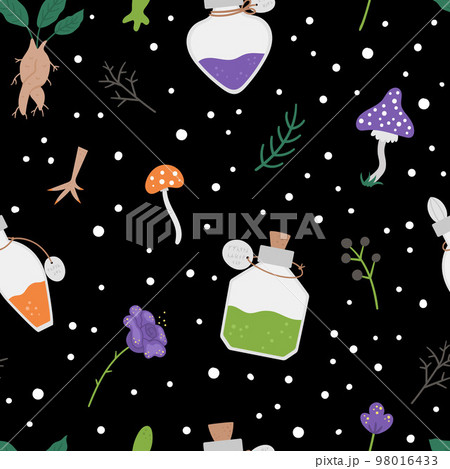 Seamless pattern with cute vector witchcraft elements. Digital paper with magic potion making objects. Halloween icons background. Funny autumn all saints eve texture with cauldron, herbs, bottles. 98016433
