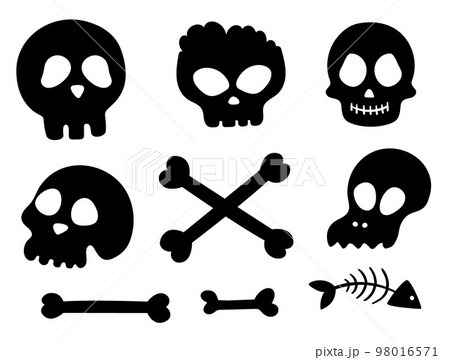 Set of vector black and white skulls and bones. Halloween party human and animal skeletons silhouettes. Scary design for Autumn Samhain party. All saints day shadow elements collection. Set of vector black and white skulls and bones. Halloween party human and animal skeletons silhouettes. Scary design for Autumn Samhain party. All saints day shadow elements collection. 98016571