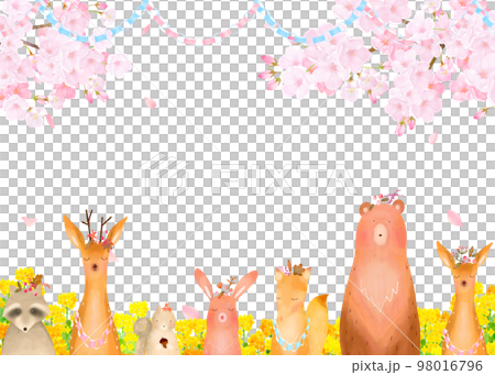 Forest animals and rape blossoms under the cherry tree_Spring Scandinavian cute frame illustration vector material 98016796