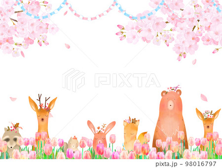 森の動物が満開の桜の木の下にいるチューリップと春の北欧風かわいいフレームイラストベクター素材 森の動物が満開の桜の木の下にいるチューリップと春の北欧風かわいいフレームイラストベクター素材 98016797