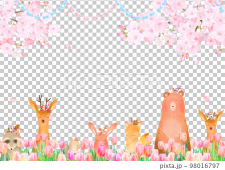 Forest animals under the cherry tree in full bloom Tulips and spring Scandinavian cute frame illustration vector material 98016797