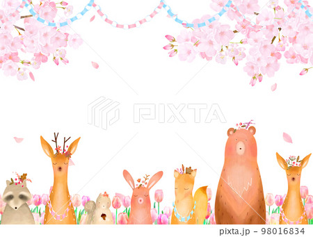森の動物が満開の桜の木の下にいるチューリップと春の北欧風かわいいフレームイラストベクター素材  98016834