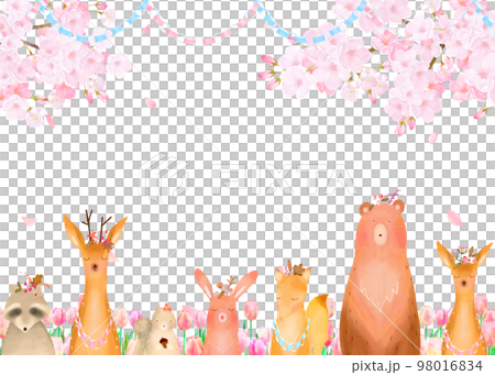 Forest animals under the cherry tree in full bloom Tulips and spring Scandinavian cute frame illustration vector material 98016834