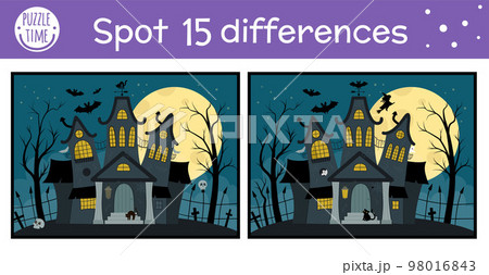 Halloween find differences game for children. Autumn educational activity with funny haunted house. Printable worksheet with spooky cottage. Cute all saints day scene Halloween find differences game for children. Autumn educational activity with funny haunted house. Printable worksheet with spooky cottage. Cute all saints day scene 98016843