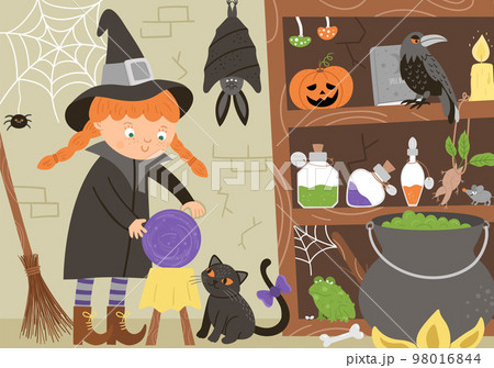Vector witch nook interior illustration. Halloween background with black cat, bat, spider. Spooky scene with scary animals, potion ingredients. Scary Samhain party invitation or card design. Vector witch nook interior illustration. Halloween background with black cat, bat, spider. Spooky scene with scary animals, potion ingredients. Scary Samhain party invitation or card design. 98016844