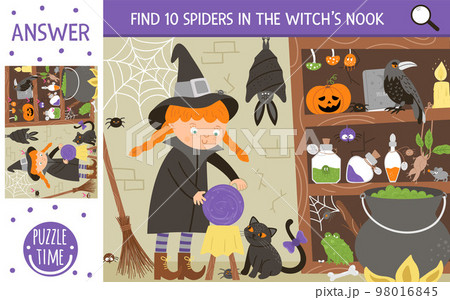 Vector Halloween searching game with cute witch and potion ingredients. Find hidden spiders in the witch nook. Simple fun educational autumn printable activity for kids Vector Halloween searching game with cute witch and potion ingredients. Find hidden spiders in the witch nook. Simple fun educational autumn printable activity for kids 98016845