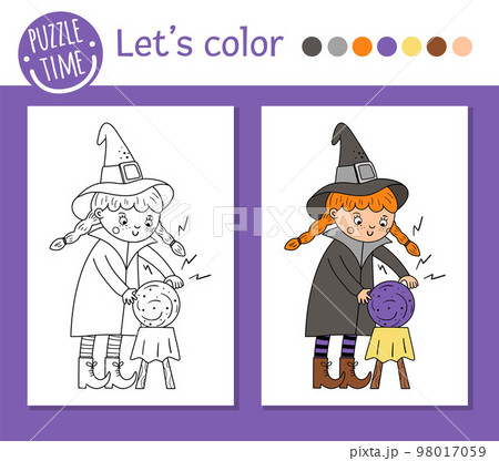 Halloween coloring page for children. Cute funny witch with magic ball. Vector autumn holiday outline illustration. Trick or treat dress party color book for kids with colored example 98017059