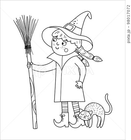 Cute vector witch. Halloween black and white character icon. Funny autumn all saints eve illustration with standing girl, broomstick and cuddling black cat. Samhain party coloring page for kids. Cute vector witch. Halloween black and white character icon. Funny autumn all saints eve illustration with standing girl, broomstick and cuddling black cat. Samhain party coloring page for kids. 98017072