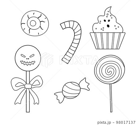 Set of vector black and white sweets for trick or treat game. Traditional Halloween party food. Scary lollypops, caramel, candy sticks collection. Ghost, skull shaped desserts pack. Set of vector black and white sweets for trick or treat game. Traditional Halloween party food. Scary lollypops, caramel, candy sticks collection. Ghost, skull shaped desserts pack. 98017137