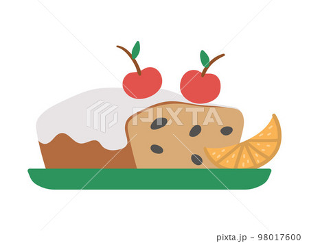 Vector Christmas cake with raisins, icing and cherries on top isolated on white background. Cute funny illustration of new year pastry. Traditional winter dessert icon Vector Christmas cake with raisins, icing and cherries on top isolated on white background. Cute funny illustration of new year pastry. Traditional winter dessert icon 98017600