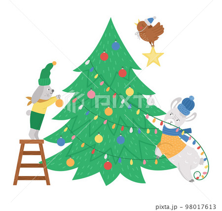 Cute Christmas preparation scene with rabbit, bird and llama decorating fir tree. Winter illustration with animals. Funny card design. New Year print with smiling characters 98017613