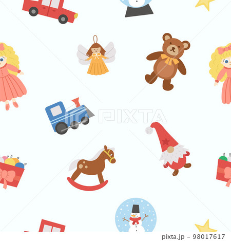 Cute seamless pattern with Christmas toys. Vector background with New Year gifts for kids. Digital paper with Santa Claus presents for children. Cute seamless pattern with Christmas toys. Vector background with New Year gifts for kids. Digital paper with Santa Claus presents for children. 98017617