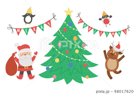 Cute Christmas scene with Santa Claus, Deer, fir tree birds and triangle flags. Winter illustration with animals. Funny card design. New Year print with smiling characters 98017620
