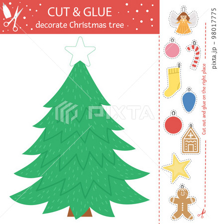 Vector Christmas cut and glue activity. Winter educational crafting game with cute toys, gingerbread, stocking. Fun activity for kids. Decorate fir tree Vector Christmas cut and glue activity. Winter educational crafting game with cute toys, gingerbread, stocking. Fun activity for kids. Decorate fir tree 98017775