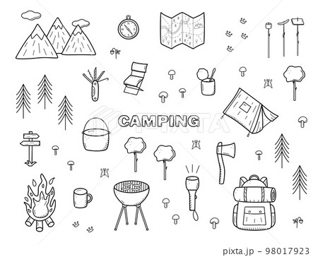 Camping doodle icons set. Vector illustration of hiking elements. Isolated on white sketch, hiking logo concept. 98017923