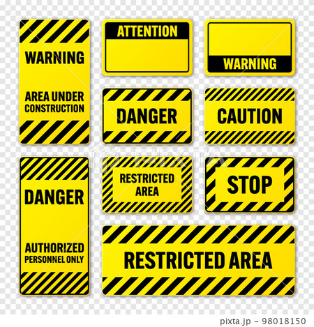 Various black and yellow warning signs with diagonal lines. Attention, danger or caution sign, construction site signage. Realistic notice signboard, warning banner, road shield. Vector illustration 98018150