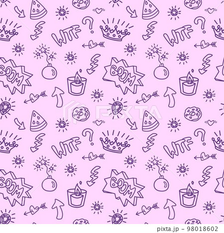 2000s emo girl kawaii style seamless pattern texture background with elements like crown, watermelon, bomb, arrow, speech balloon and diamond Doodle design for textile graphics, wallpapers 2000s emo girl kawaii style seamless pattern texture background with elements like crown, watermelon, bomb, arrow, speech balloon and diamond Doodle design for textile graphics, wallpapers 98018602