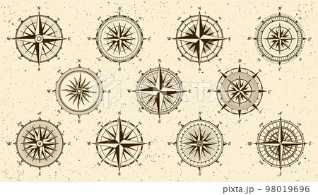 Vintage marine wind rose, nautical chart. Monochrome navigational compass with cardinal directions of North, East, South, West. Geographical position, cartography and navigation. Vector illustration. Vintage marine wind rose, nautical chart. Monochrome navigational compass with cardinal directions of North, East, South, West. Geographical position, cartography and navigation. Vector illustration. 98019696